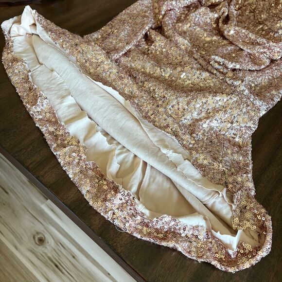 Belle Badgley Mischka Rose Gold Sequin Midi Dress Cocktail size 12 with Flaw - Picture 6 of 7